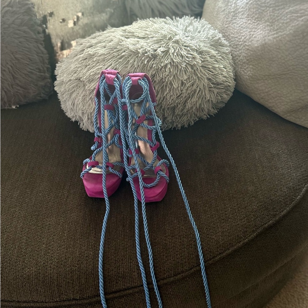 Topshop Pink Sandals with Blue Lace-Up Straps